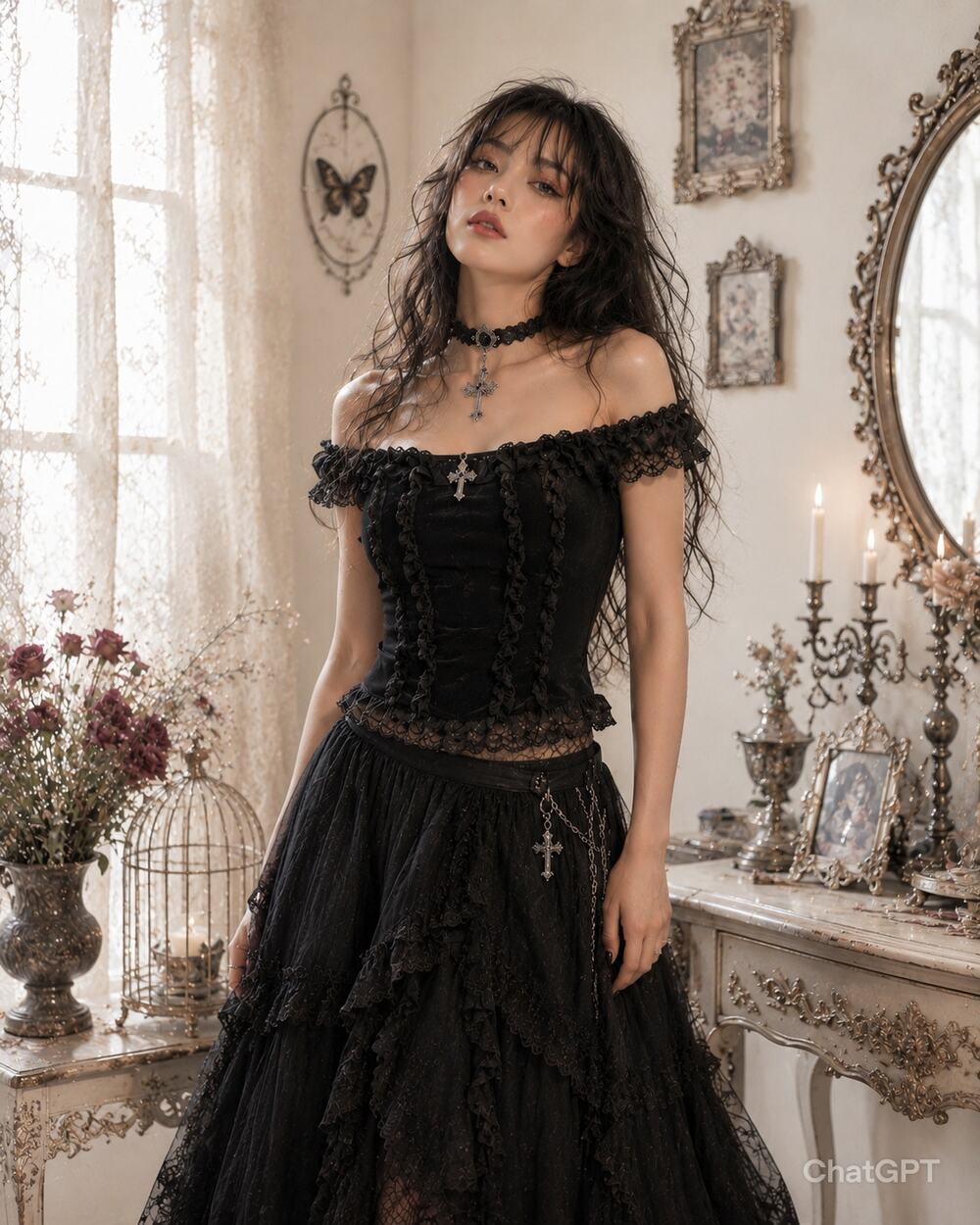 Romwe Velvet Lace Goth Vamp Coquette Cross Pendant  Off Shoulder Fitted Top 1XL